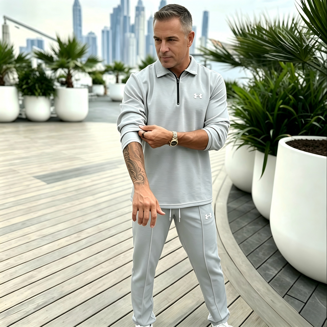 Men’s 2 Piece Tracksuit, Quarter Zip Long Sleeve Polo Top + Drawstring Jogger Pants Set, Casual Sports